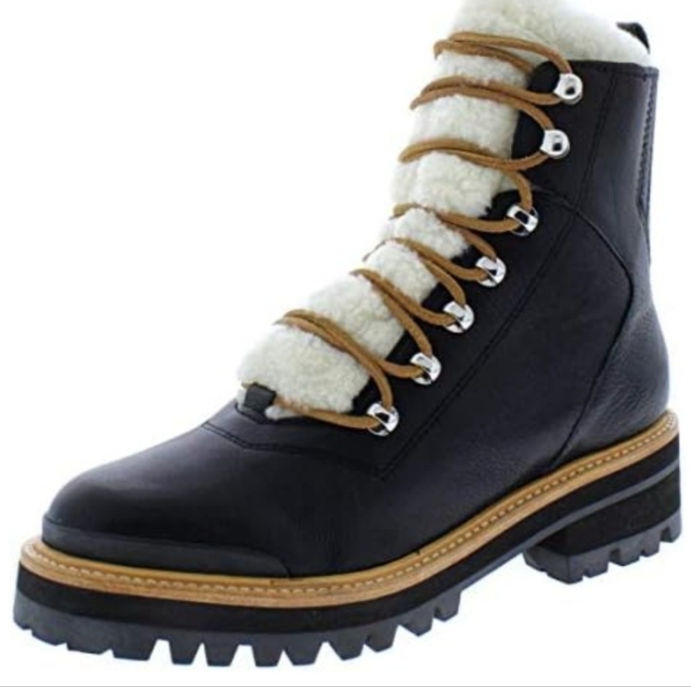 Marc Fisher Black Leather Boots with Shearling and Brown Accents - Picture 3 of 3